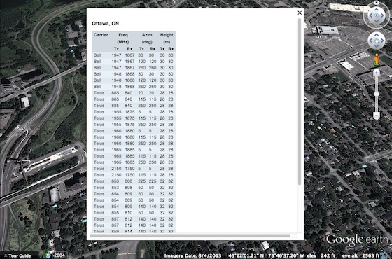 Cell site antenna details in a Google Earth KML file