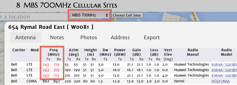 Canada Cellular Services showing a site with MBS 700MHz service