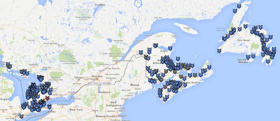 September 2014 Map showing Bell's 251 700MHz cellular sites in Eastern Canada