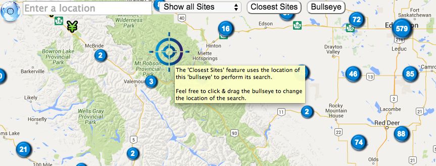 Canada Cellular Services showing closest site tool's bullseye.