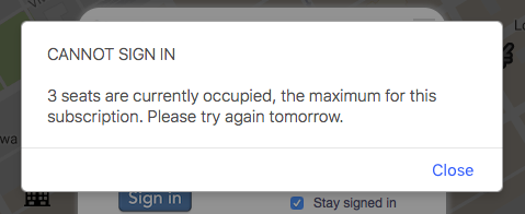 Dialog box warning that seat limit has been reached.